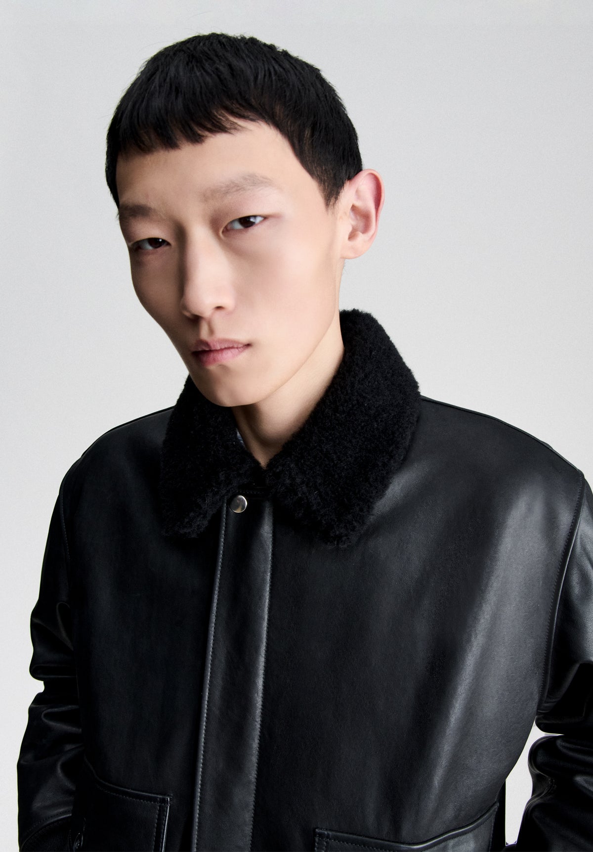 Black leather bomber jacket