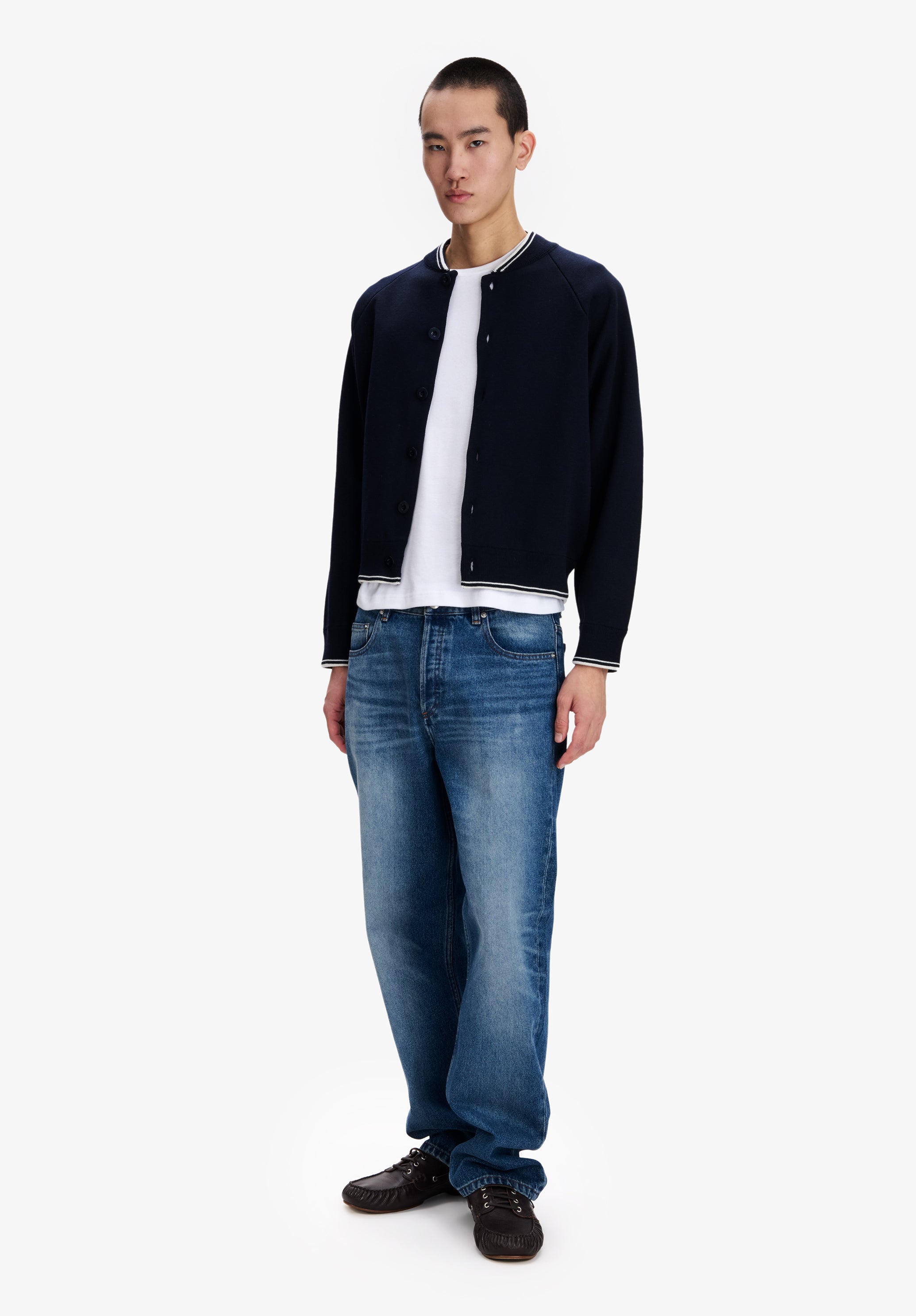 Short navy blue jacket with white piping - 1