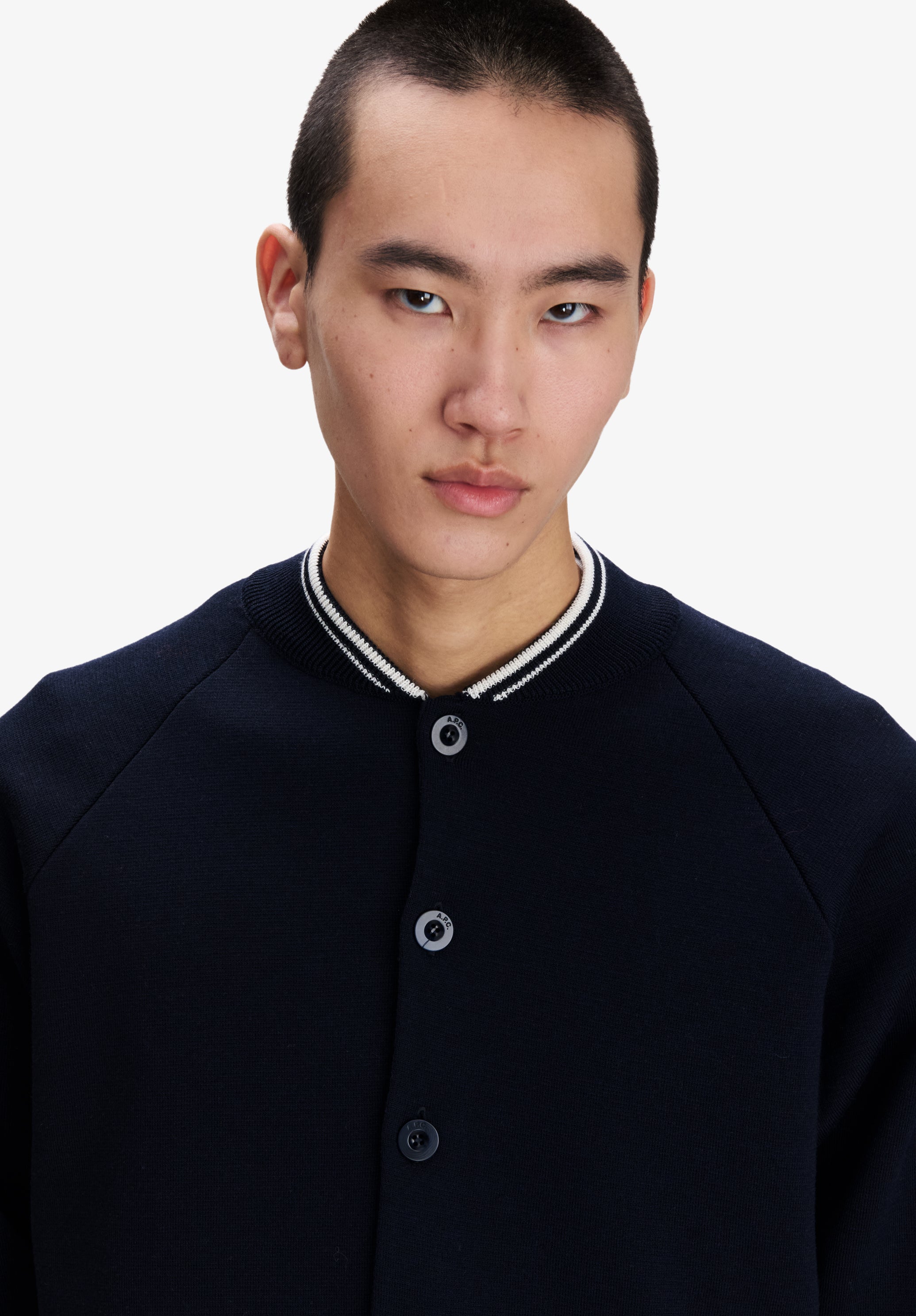 Short navy blue jacket with white piping - 4