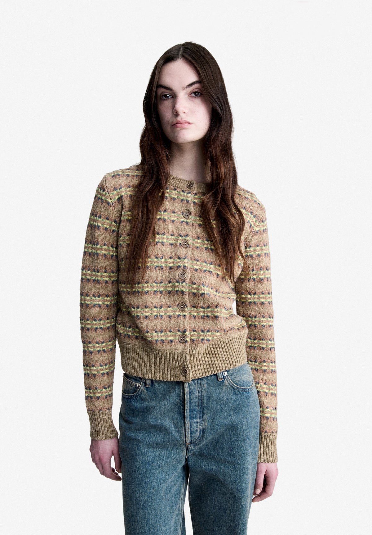 Patterned beige cardigan in a wool and cotton blend