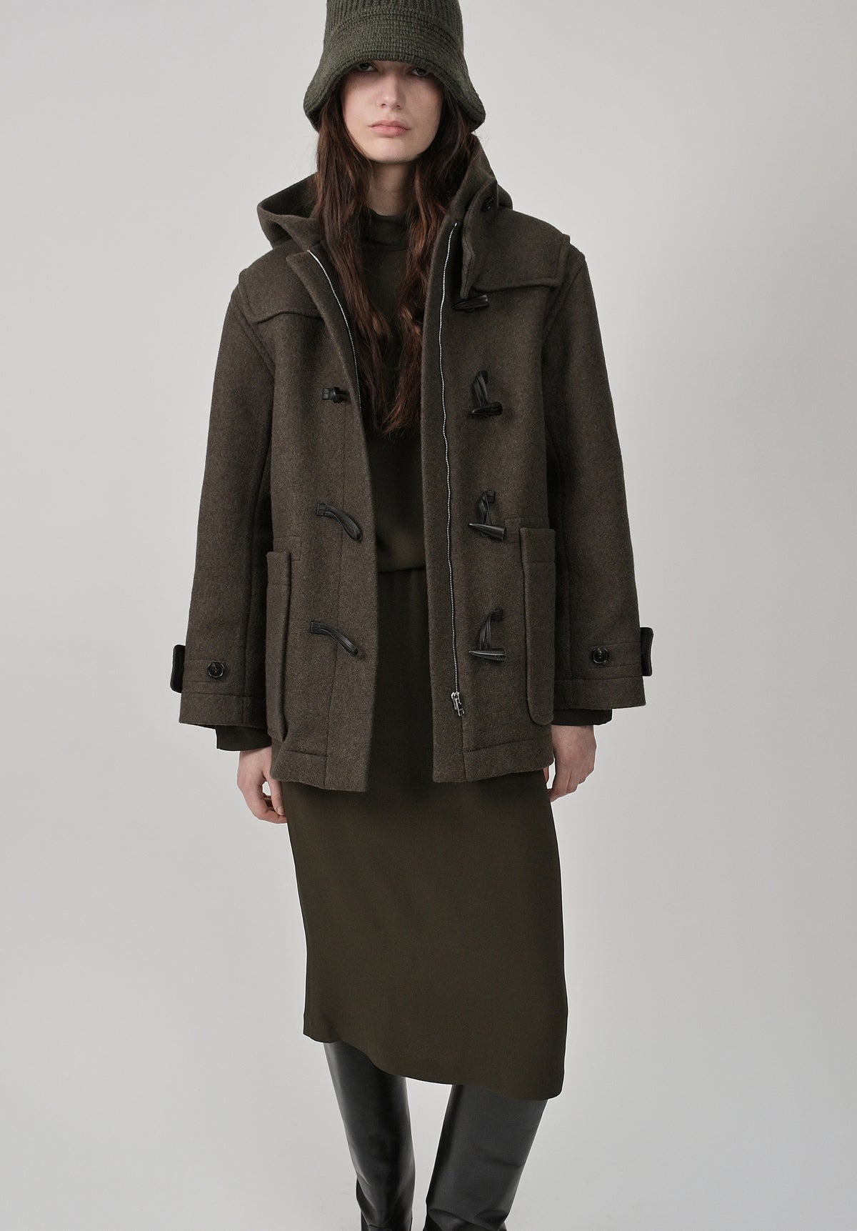 Khaki recycled wool duffle coat