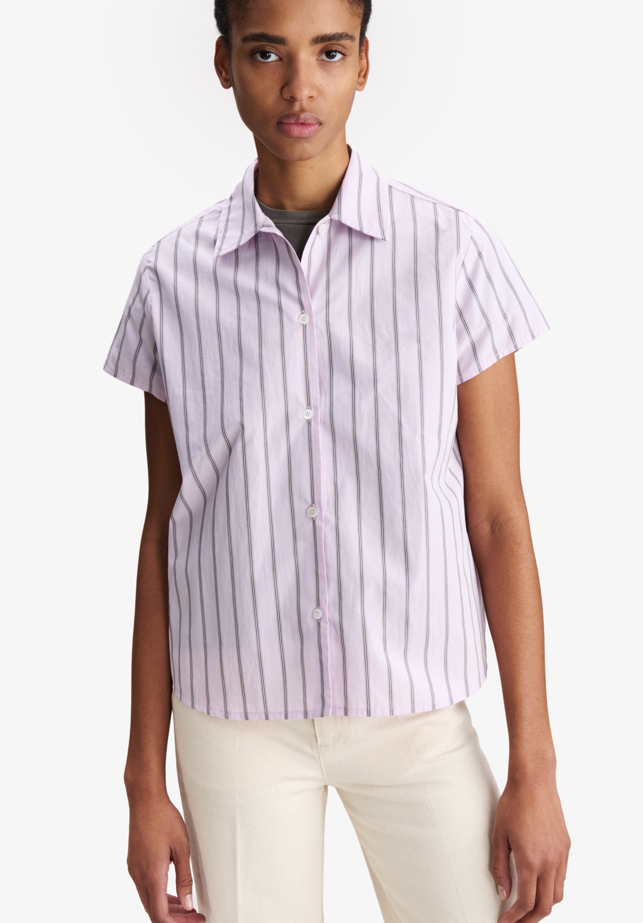 Striped pink short-sleeved shirt