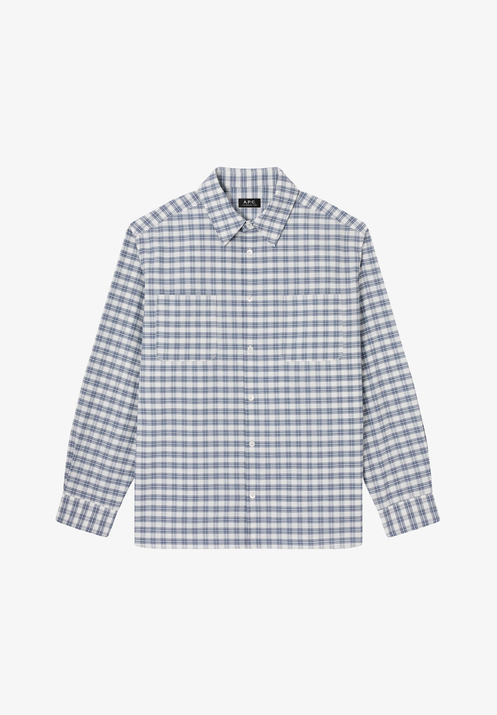Ecru shirt with blue checks in organic cotton