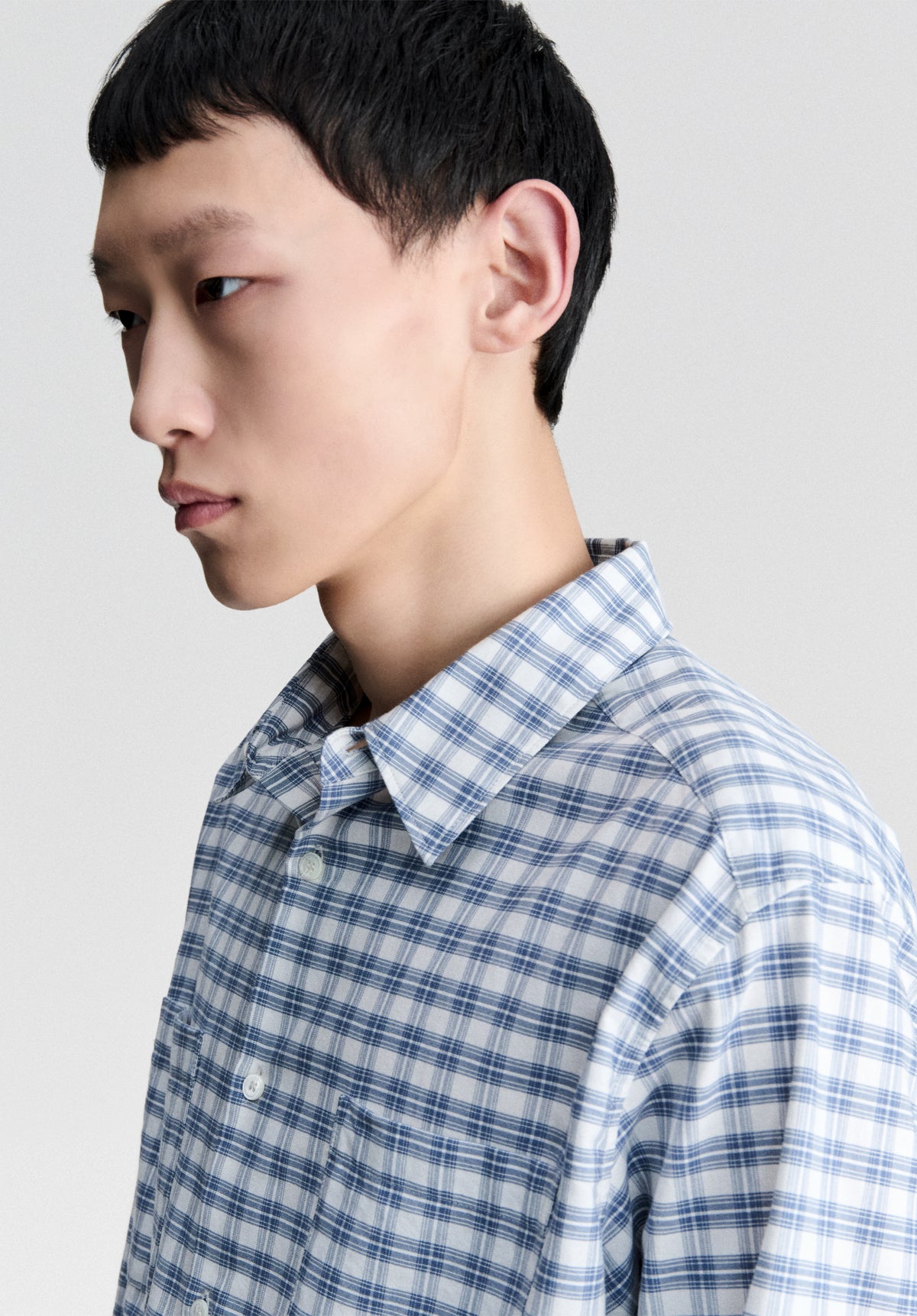 Ecru shirt with blue checks in organic cotton