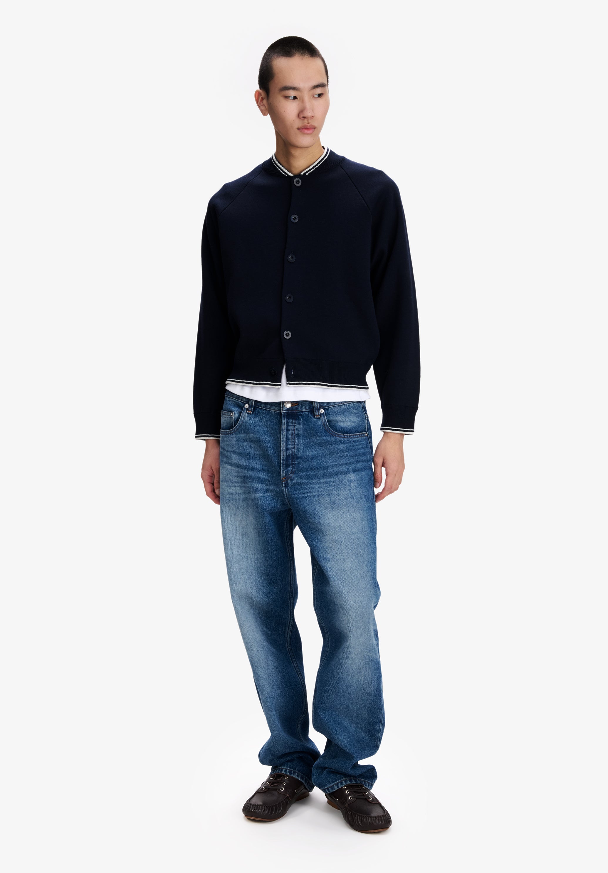 Short navy blue jacket with white piping - 3