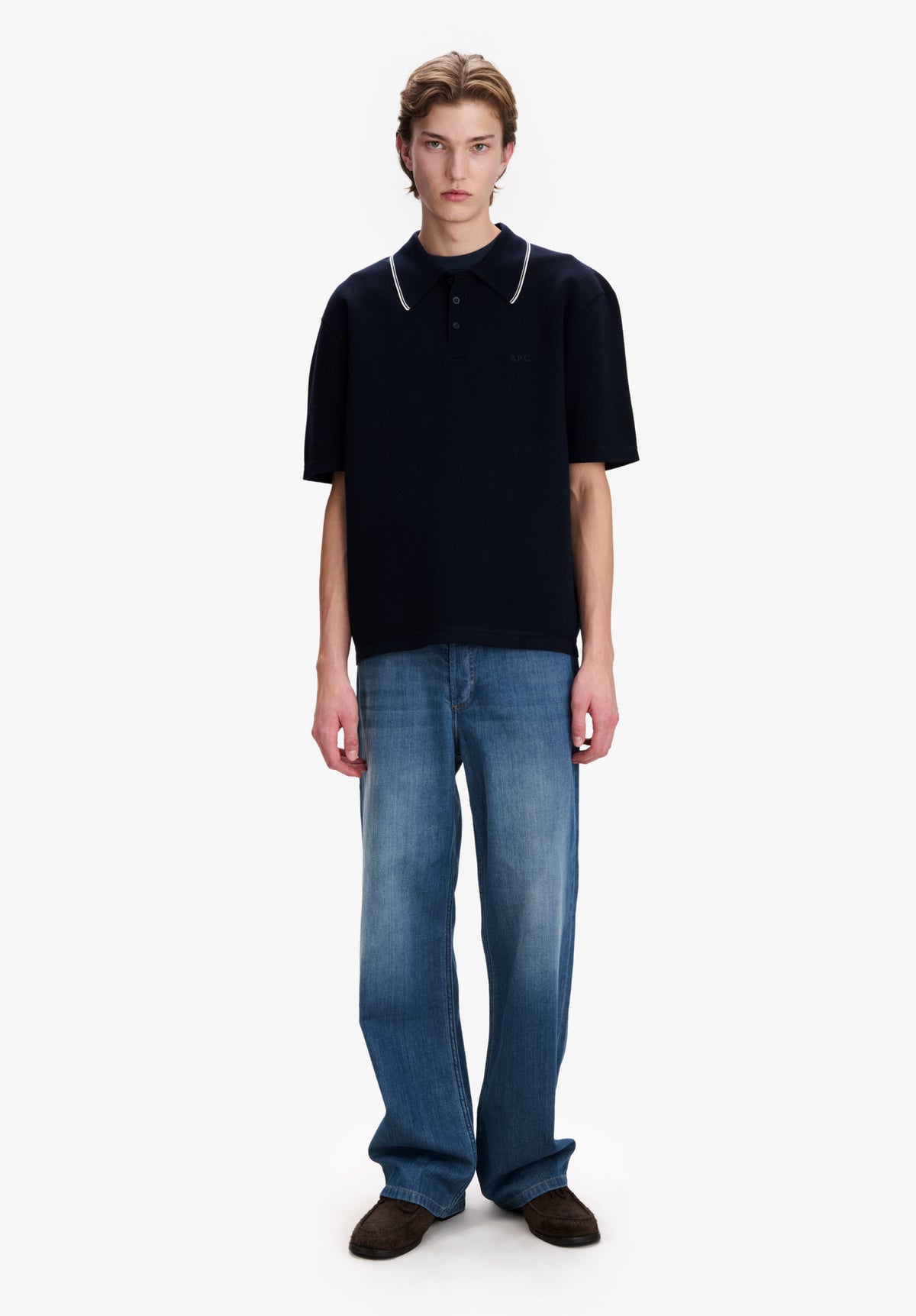 Navy blue polo with piped collar - 1