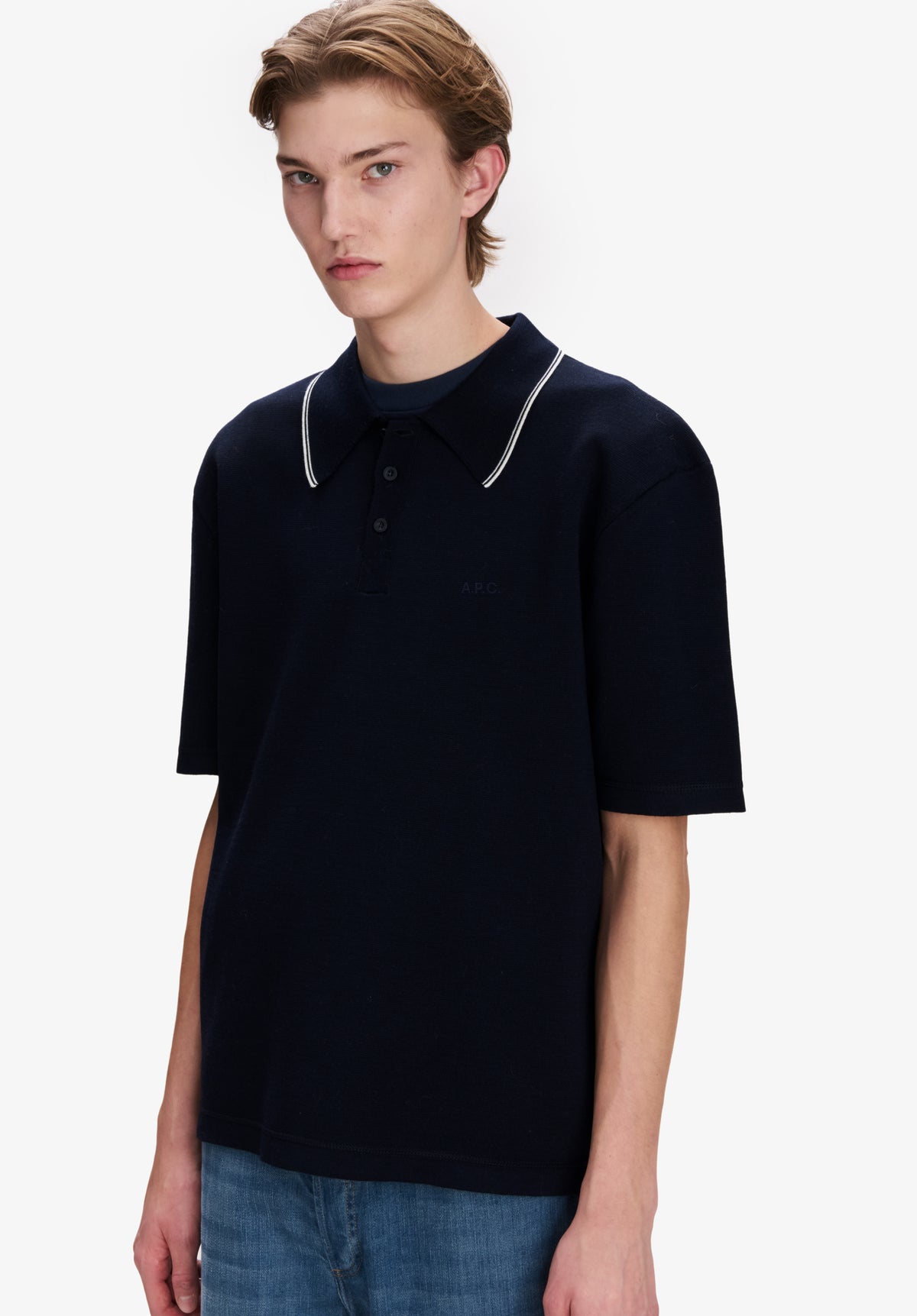 Navy blue polo with piped collar - 3