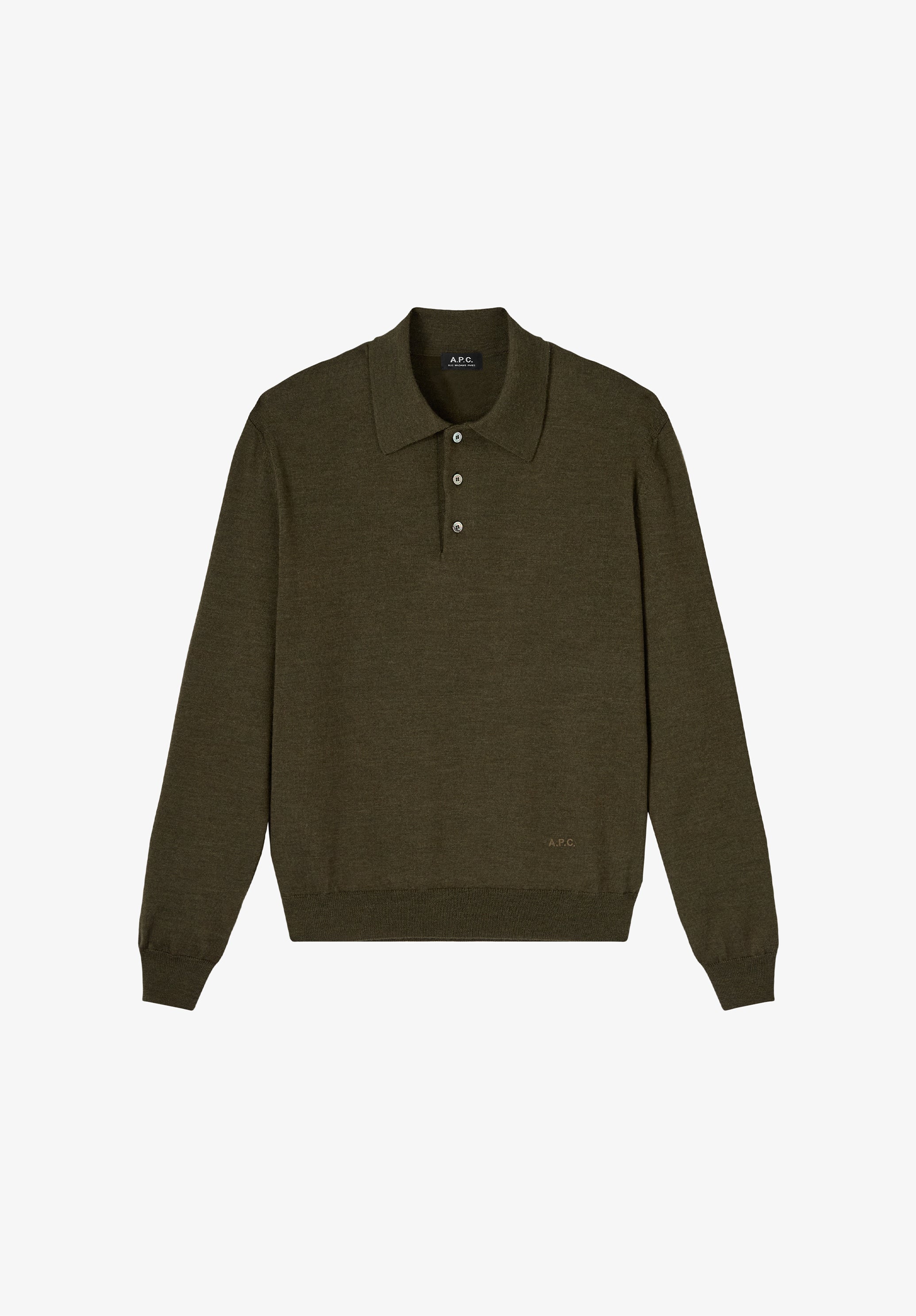 Long-sleeved dark green wool polo shirt