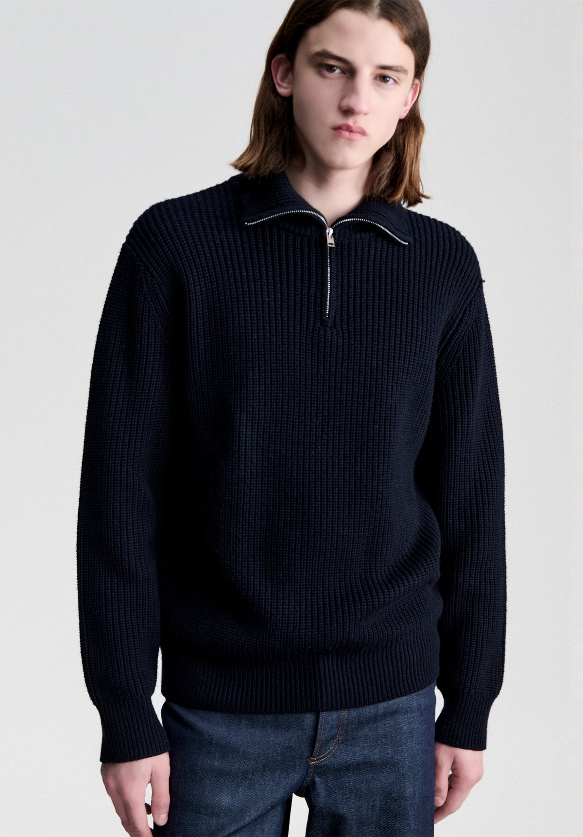 Navy blue quarter-zip sweater